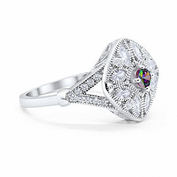 Art Deco Ring Marquise Filigree Simulated Rainbow CZ 925 Sterling Silver